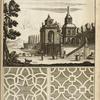 View of large domed architectural structure with semi-circular arcade of arches; two garden plans