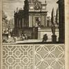 View of large architectural structure and two men on horseback; two garden plans