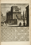 View of large architectural structure and two men on horseback; two garden plans.