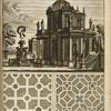 View of large architectural structure with fountain and many statues; two garden plans