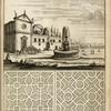 View of church with large fountain and field; two garden plans