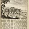 View of semi-circular structure with domed niches and fountain emptying into pond; two garden plans