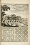 View of semi-circular structure with domed niches and fountain emptying into pond; two garden plans.