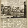 View of a building located between a canal and mountains; two garden plans