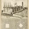 View of castle on river marked Sahlen Flus; two maze plans