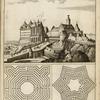 View of large castle on a slope; two maze plans