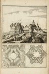 View of large castle on a slope; two maze plans.