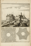 View of large castle on a slope; two maze plans