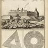 View of large castle on hill above town; two maze plans, one triangular and one circular