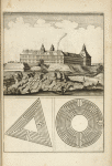 View of large castle on hill above town; two maze plans, one triangular and one circular