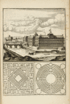 View of large buildings on river with waterfall and bridge; two maze plans.