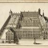 Drawing of castle and grounds with church, courtyards, gardens, and fountain