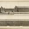 Two drawings of long buildings, one built alongside a canal.