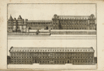 Two drawings of long buildings, one built alongside a canal.