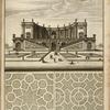 Semi-circular building with domed niches containing statues; two garden plans