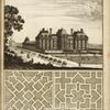View of large building with border of trees and gardens; two garden plans