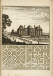 View of large building with border of trees and gardens; two garden plans.