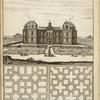 Large building with moat, elaborately designed gardens, and large fountain; two garden plans
