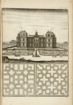 Large building with moat, elaborately designed gardens, and large fountain; two garden plans.