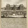 Large building with elaborate garden with central fountain; two garden plans