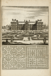 Large building with elaborate garden with central fountain; two garden plans.