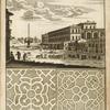 View of group of buildings with large elaborate fountain and farmers with livestock; two garden plans