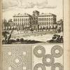 View of large building with border of trees and a garden; two garden plans