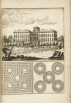 View of large building with border of trees and a garden; two garden plans
