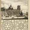 View of large domed building with large fountain in public square; two garden plans