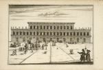 Large three-storied building with groups of people in front