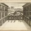 Courtyard of large building with ground floor arcades and large central fountain