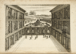 Courtyard of large building with ground floor arcades and large central fountain.