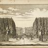 View of path through large gardens with grove of pine trees and statues