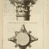 De la grande salle des thermes de Diocletian, à Rome; chapiteau des quatres colonnes du milieu dessiné sur l'angle; plan du chapiteau renversé des quatres colonnes du milieu.