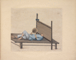 Man laying on platform with head in wooden collar