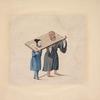 Man and woman with heads in pillory, chained together at the ankles