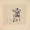 Man sitting in a frame with head in pillory; fan and water dipper at his sides