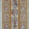 Central decoration contains scenes of nude gods; lower panel contains scene of sea monster