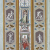Central decoration contains scenes of goddesses including charity; lower panel contains scene of sea god