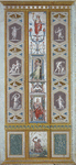 Central decoration contains scenes of goddesses including charity; lower panel contains scene of sea god