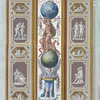 Central decoration contains scenes of gods and goddesses holding spheres of night sky and earth; lower panel contains scene of two sea god children