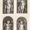 Four cherubs holding a thurible, a book, a lamp, and an aspergill