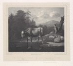 Scene of cow drinking at a stream with shepherdess, from original by Pieter van der Leeuw.