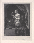 After a lady with a parrot and child, original by Caspar Netscher.