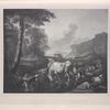 Scene of cattle and sheep drinking in stream, from original by Heinrich Roos.