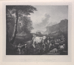 Scene of cattle and sheep drinking in stream, from original by Heinrich Roos.
