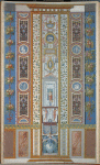 Pilaster; central decoration contains scenes of fertility goddess in door frame, angel in blue atop a blue sphere