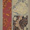 Three designs of flowers, buildings, trees in red, brown, white, and black