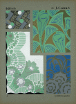 Four floral and vegetal designs in green, white, and blue