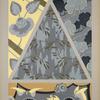 Four designs of flowers, trees, grass in gray, yellow, brown